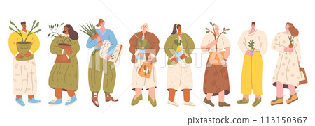 People with plants and gardening sampling isolated on white background. Horticulture gardener hobby characters set. Flowers and garden market and store. Vector illustration. People with plants and gardening sampling isolated on white background. Horticulture gardener hobby characters set. Flowers and garden market and store. Vector illustration. 113150367