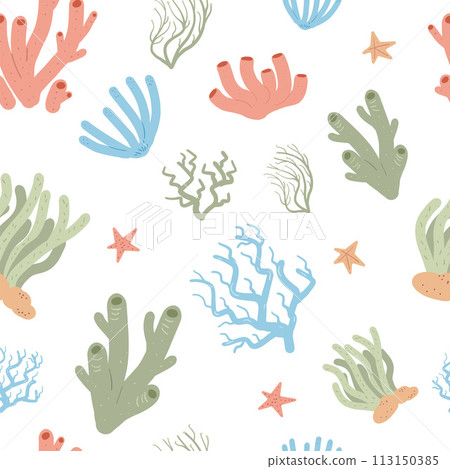 Coral reef seamless pattern. Sea underwater elements endless background. Vector flat illustration 113150385