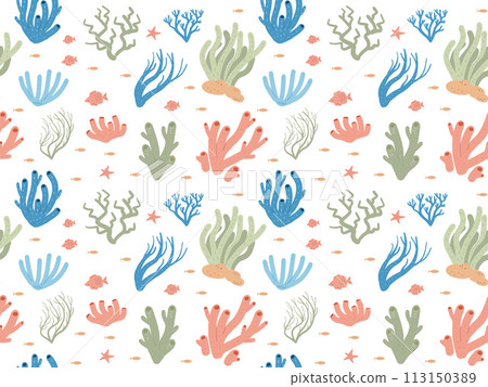 Coral reef seamless pattern. Sea underwater elements endless background. Vector flat illustration Coral reef seamless pattern. Sea underwater elements endless background. Vector flat illustration 113150389