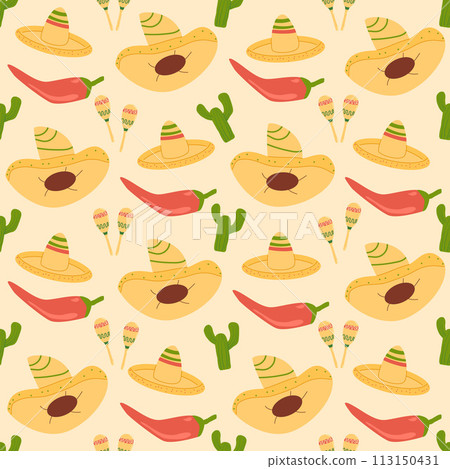 Mexican seamless pattern. Cactus and sombrero repeat background. Hats of mariachi musicians endless cover. Maracas and pepper loop ornament. Vector illustration. 113150431