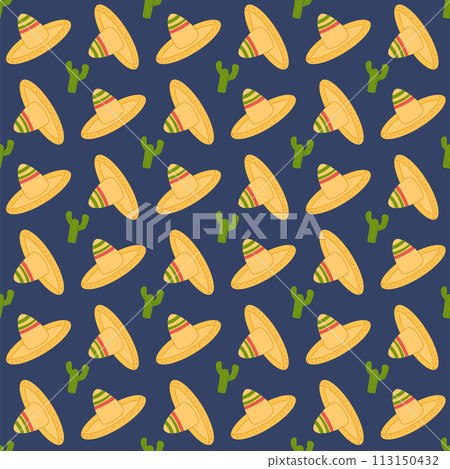 Mexican seamless pattern. Cactus and sombrero repeat background. Hats of mariachi musicians endless cover. loop ornament. Vector illustration. Mexican seamless pattern. Cactus and sombrero repeat background. Hats of mariachi musicians endless cover. loop ornament. Vector illustration. 113150432