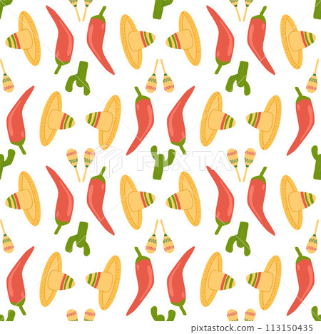 Mexican seamless pattern. Cactus, pepper and sombrero repeat background. Hats of mariachi musicians endless cover. loop ornament. Vector illustration. Mexican seamless pattern. Cactus, pepper and sombrero repeat background. Hats of mariachi musicians endless cover. loop ornament. Vector illustration. 113150435