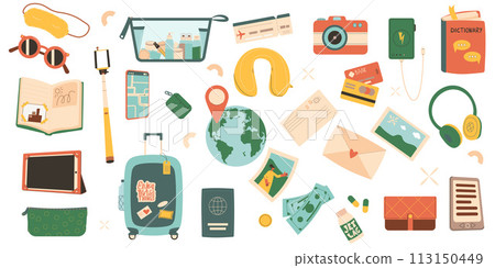 Travel set. Tourism accessories collection. Trip elements isolated on white background. Tour to usa country for adventure and rest. Holiday weekend vacation. Vector flat illustration Travel set. Tourism accessories collection. Trip elements isolated on white background. Tour to usa country for adventure and rest. Holiday weekend vacation. Vector flat illustration 113150449