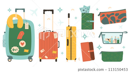 Travel bags set. Suitcases, wallet, beauty case and toiletry bag isolated on white background. Baggage vector illustration. 113150453