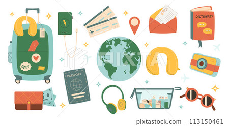 Travel set. Suitcase, tickets, pillow and tourism accessories collection. Trip elements isolated on white background. Tour abroad for adventure and rest. Holiday weekend vacation. Vector illustration 113150461