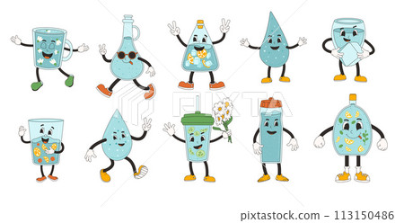 Bottle and glass of water retro cartoon mascots set. Drink rubber hose animation style groovy characters. Beverage cute anthropomorphic. Ecologic and wellness vector flat illustration Bottle and glass of water retro cartoon mascots set. Drink rubber hose animation style groovy characters. Beverage cute anthropomorphic. Ecologic and wellness vector flat illustration 113150486
