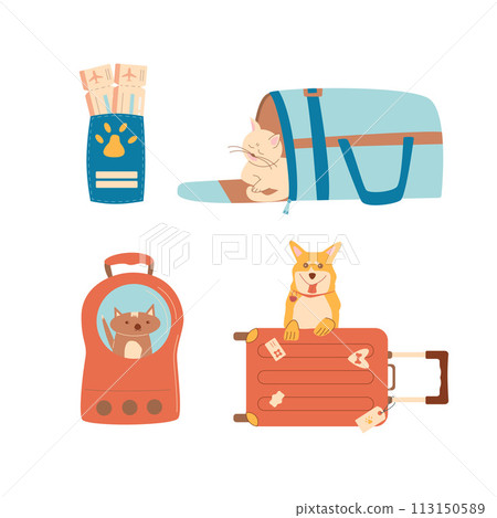 Travel with pets set. Trip with cats and dogs. Transportation box and backpack carrier, passport wit tickets and domestic animals. Vector illustration 113150589