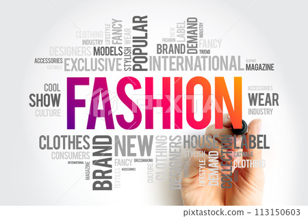 Fashion - prevailing style or trend in clothing, accessories, footwear, makeup, hairstyle or overall appearance that is popular, word cloud concept background 113150603