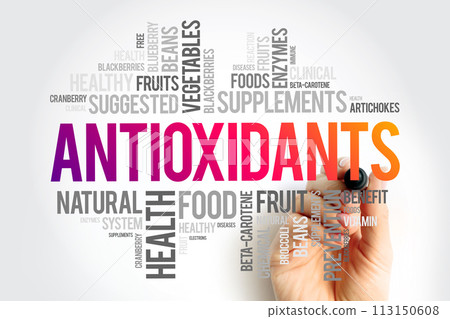 Antioxidants are chemicals that lessen or prevent the effects of free radicals, word cloud concept background 113150608