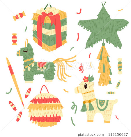 Pinana set for traditional mexican party. Square card flyer. Carnival festive and birthday various toy for celebration play. Vector illustration isolated on white background 113150627