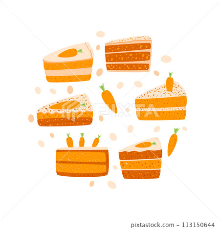 Slice of carrot cakes round badge. Sweet bakery piece portion circle emblem. Pastry dessert with cream for breakfast. Vector pie hand drawn illustration isolated on white background. Slice of carrot cakes round badge. Sweet bakery piece portion circle emblem. Pastry dessert with cream for breakfast. Vector pie hand drawn illustration isolated on white background. 113150644