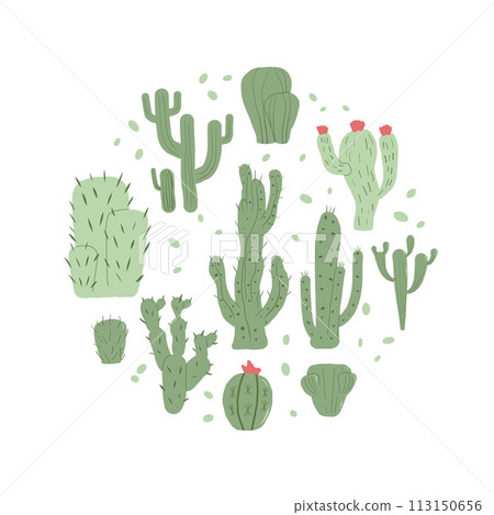 Cactus circle emblem set isolation on white background. Mexican cacti round badge. Exotic various plants collection Vector flat illustration 113150656