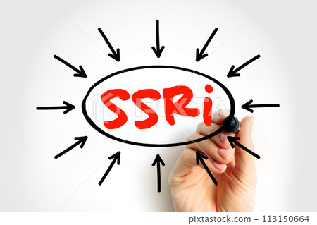 SSRI Selective Serotonin Reuptake Inhibitor - class of drugs that are typically used as antidepressants in the treatment of major depressive disorders, acronym text with arrows SSRI Selective Serotonin Reuptake Inhibitor - class of drugs that are typically used as antidepressants in the treatment of major depressive disorders, acronym text with arrows 113150664