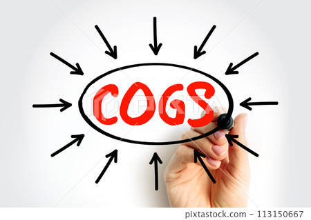 COGS Cost of Goods Sold - carrying value of goods sold during a particular period, acronym text with arrows COGS Cost of Goods Sold - carrying value of goods sold during a particular period, acronym text with arrows 113150667