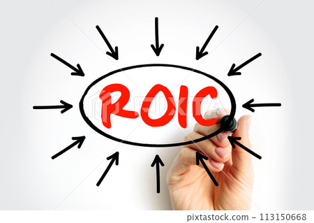 ROIC Return on Invested Capital - ratio used in finance, valuation and accounting, as a measure of the profitability, acronym text with arrows 113150668