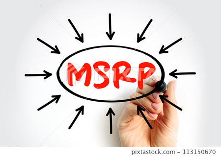 MSRP Manufacturer's Suggested Retail Price - the price that a product's manufacturer recommends it be sold for at point of sale, acronym text with arrows 113150670