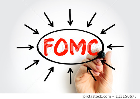 FOMC Federal Open Market Committee acronym - committee within the Federal Reserve System, conducts monetary policy for the U.S. central bank, text concept with arrows 113150675