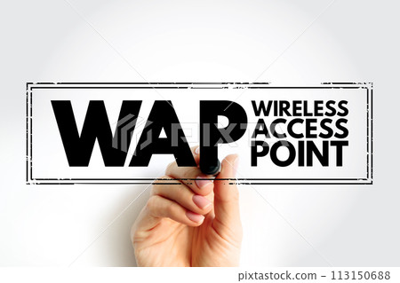 WAP - Wireless Access Point is a networking hardware device that allows other Wi-Fi devices to connect to a wired network, acronym text concept stamp 113150688