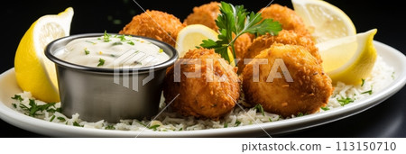 Fish meatballs with tartar sauce and lemon slice on white background with copy space. Banner Fish meatballs with tartar sauce and lemon slice on white background with copy space. Banner 113150710