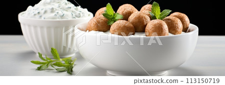 Fish meatballs with tartar sauce and lemon slice on white background for recipe card. Banner 113150719