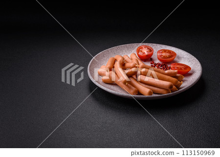 Delicious fresh small vegetarian sausages with salt, spices and herbs 113150969