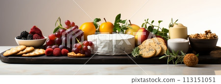 Assorted cheeses and sausages platter with crackers and berries. Banner 113151051