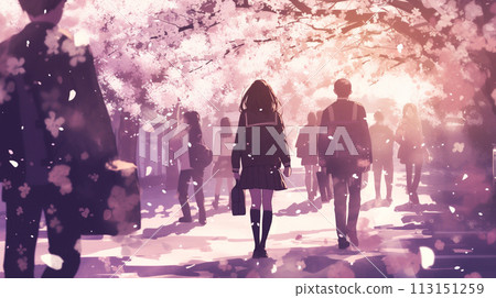 Spring scenery and students going to school 113151259