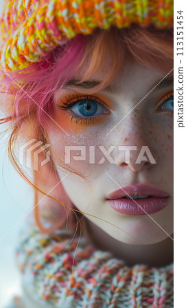 Vibrant knit cap with pink hair strands 113151454