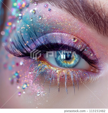 Vibrant rainbow glitter eye makeup close-up 113151482