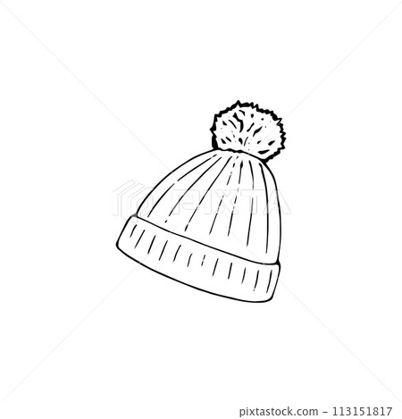 Hand-drawn Hat for Winter Season, Knitted beanie hat for kids  Isolated on White Background. Headwear Design Elements for Cold Weather. 113151817