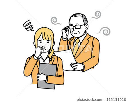 Illustration of a female office worker who is troubled by her boss's aging odor 113151918