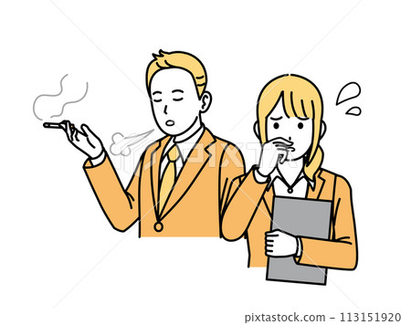 Illustration of a female office worker troubled by cigarette smoke and odor 113151920