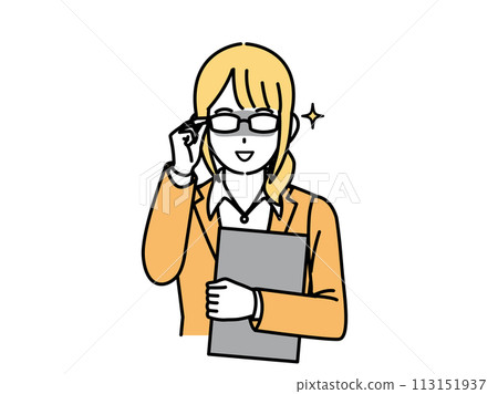 Illustration of a female office worker raising glasses Illustration of a female office worker raising glasses 113151937