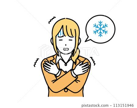 Illustration of a female office worker who is sensitive to cold and gets cold 113151946