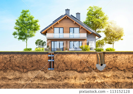 sustainable modern house building with solar panels and heat pump illustration sustainable modern house building with solar panels and heat pump illustration 113152128