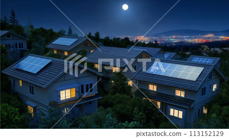 Houses in suburb with solar panels at night Houses in suburb with solar panels at night 113152129