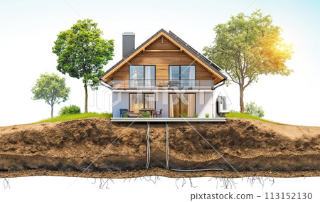 sustainable modern house building with solar panels and heat pump illustration sustainable modern house building with solar panels and heat pump illustration 113152130