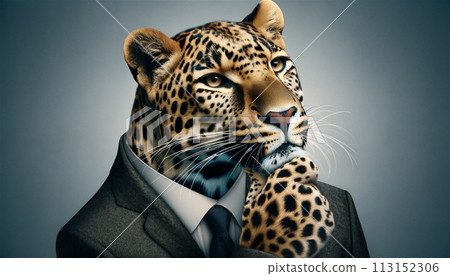 Leopard wearing a suit thinking with his hand on his chin 113152306