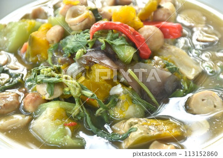 boiled spicy mixed vegetable with dry shrimp soup on plate 113152860