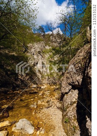 The river runs narrow canyon wall to canyon wall. Amazing gorge with walls a thousand feet tall and the wide river The river runs narrow canyon wall to canyon wall. Amazing gorge with walls a thousand feet tall and the wide river 113153132