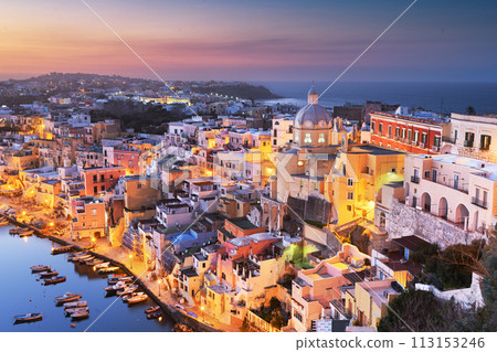Procida, Italy old town skyline in the Mediterranean Sea 113153246