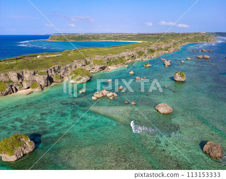 Spectacular view of Higashihennazaki, Miyakojima, photographed aerially with a drone 113153333