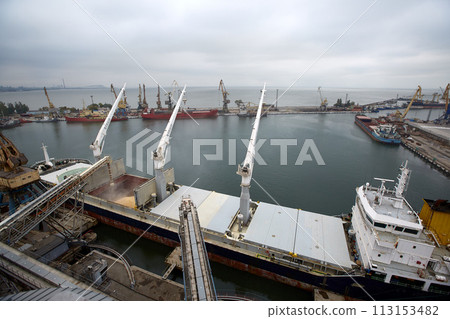 Big grain terminal at seaport. Cereals bulk transshipment from road transport to vessel. Loading grain crops on bulk ship from large elevators at the berth. Transrportation of agricultural products. 113153482