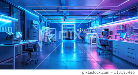 Modern laboratory with neon blue lights. Modern laboratory with neon blue lights. 113153486