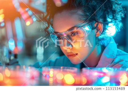 Female scientist examining samples. Female scientist examining samples. 113153489