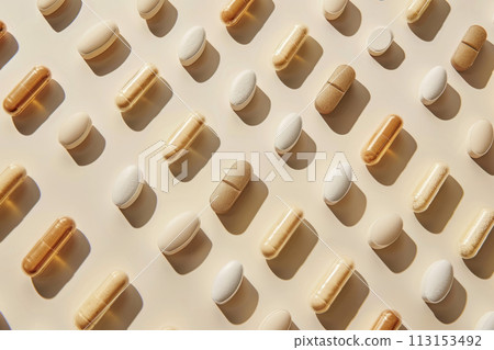 Various pills on a beige background. 113153492