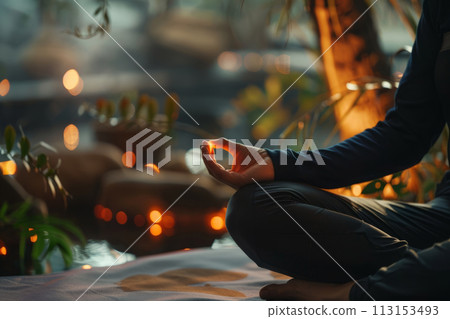 Person meditating in a cozy room. 113153493
