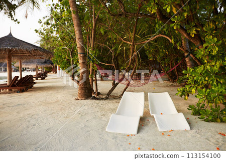Two modern beach chairs under tropical palm trees on the beach. Indian ocean coastline on Maldives island. White sandy shore and calm sea. Travel and vacation concept. Two modern beach chairs under tropical palm trees on the beach. Indian ocean coastline on Maldives island. White sandy shore and calm sea. Travel and vacation concept. 113154100