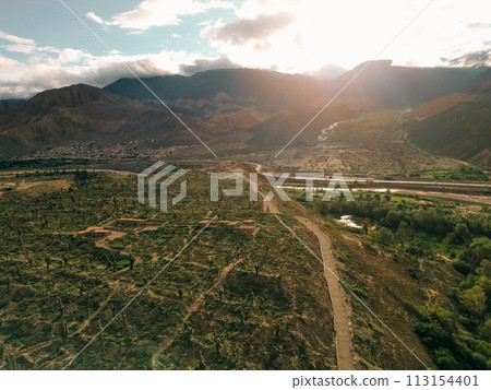 Panoramic view of Pucara de Tilcara pre-inca ruins - Tilcara, Jujuy, Argentina 113154401
