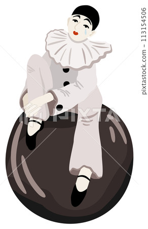 Pierrot. Sad clown sitting on ball. Vector isolated illustration. 113154506